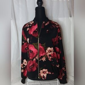Susan Graver Women's XXS Black/Red Floral Bomber Jacket with Gold Hardware